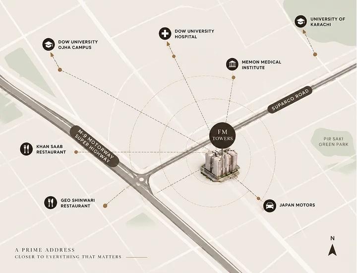 Illustrated access and neighbourhood map around FM Towers